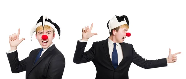 Collage di clown uomo d'affari isolato su bianco — Foto Stock