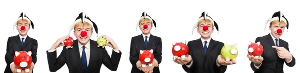 Clown met spaarpot in grappige concept — Stockfoto