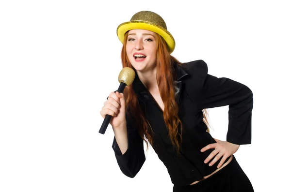 Mulher engraçada em karaoke isolado em branco — Fotografia de Stock