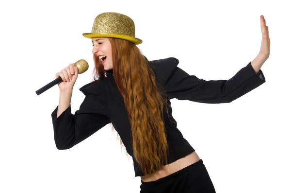 Grappige vrouw in karaoke geïsoleerd op wit — Stockfoto