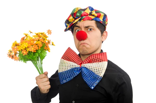 Funny clown with flowers isolated on white — Stock Photo, Image