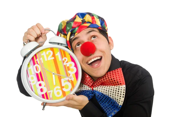 Grappige clown met klok dat geïsoleerd op wit — Stockfoto