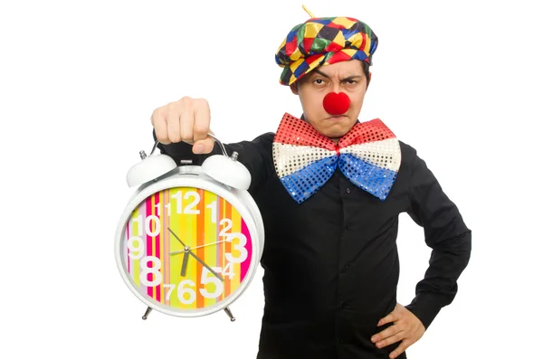 与时钟上白色孤立的滑稽小丑 — 图库照片