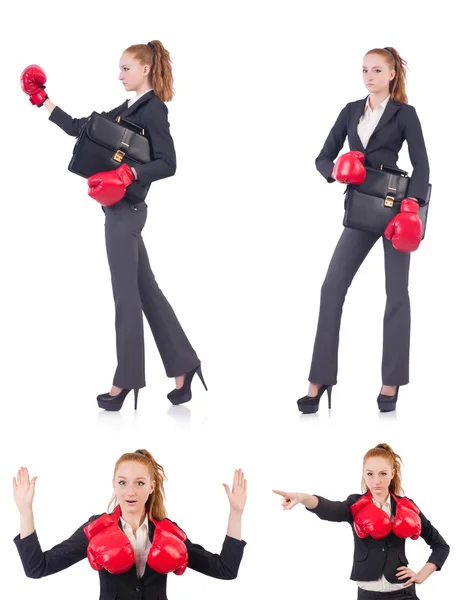 Mujer mujer de negocios con guantes de boxeo en blanco — Foto de Stock