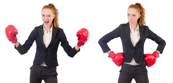 Mulher empresária com luvas de boxe em branco — Fotografia de Stock