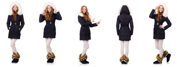 Söt flicka i varma kläder isolerad på vitt — Stockfoto