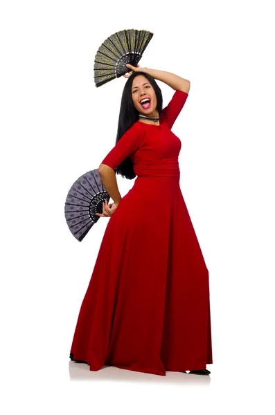 Mulher de vestido vermelho com ventilador isolado em branco — Fotografia de Stock