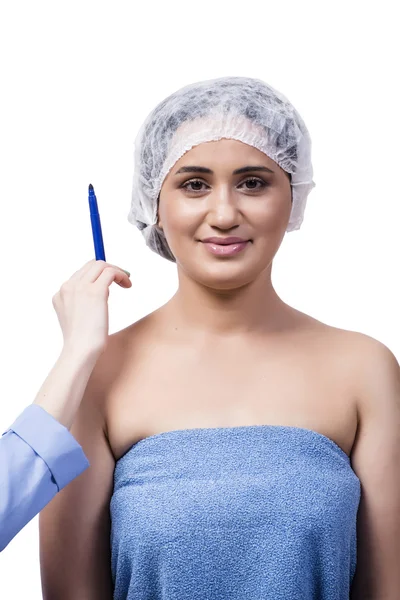 Young woman preparing for plastic surgery isolated on white — Stock Photo, Image