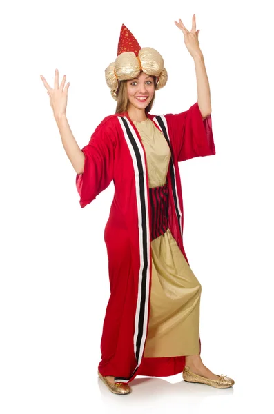 De wizard van de vrouw in rode kleding op wit wordt geïsoleerd — Stockfoto