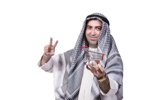 Arabische man met kar winkelwagentje geïsoleerd op wit — Stockfoto