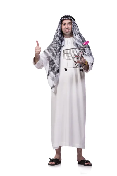 쇼핑 바구니 트롤리 흰색 절연 아랍 사람 — 스톡 사진