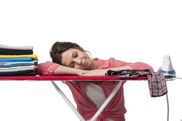 Young woman doing ironing isolated on white — Stock Photo, Image