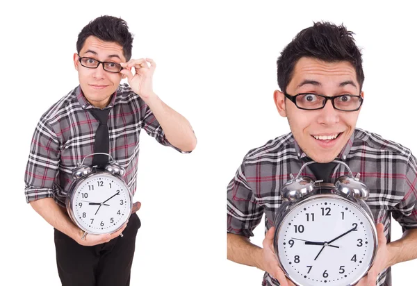 Joven con reloj aislado en blanco — Foto de Stock