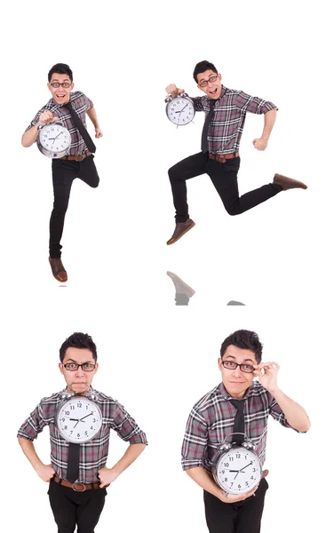 Jeune homme avec horloge isolé sur blanc — Photo