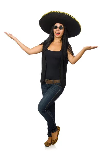 Young mexican woman wearing sombrero isolated on white — Stock Photo, Image