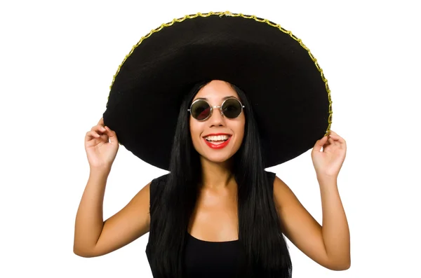 Młoda kobieta meksykańskie sombrero na białym tle na sobie — Zdjęcie stockowe