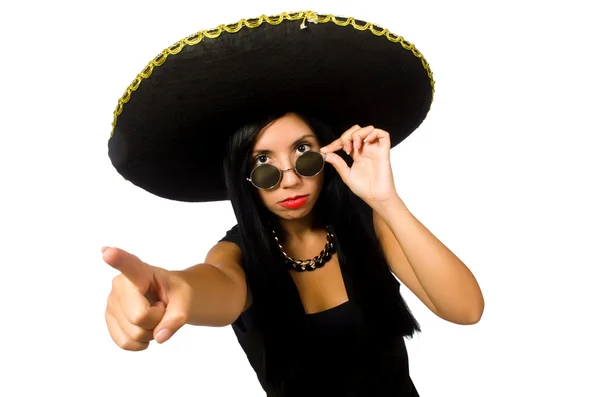 Jeune femme mexicaine portant sombrero isolé sur blanc — Photo