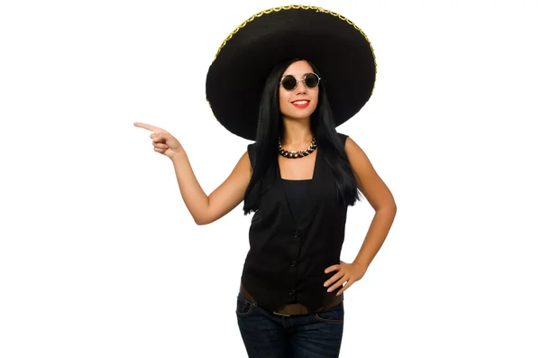 Young mexican woman wearing sombrero isolated on white — Stock Photo, Image