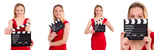 Rood jurk meisje houden clapboard geïsoleerd op wit — Stockfoto