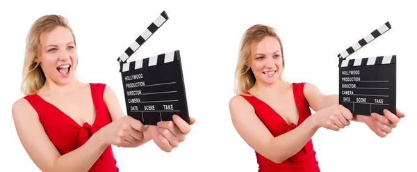 Abito rosso ragazza tenendo clapboard isolato su bianco — Foto Stock