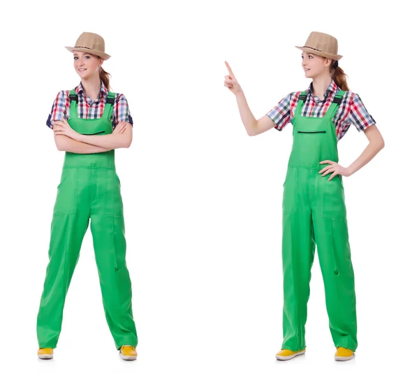 Collage of woman wearing green coveralls isolated on white — Stock Photo, Image