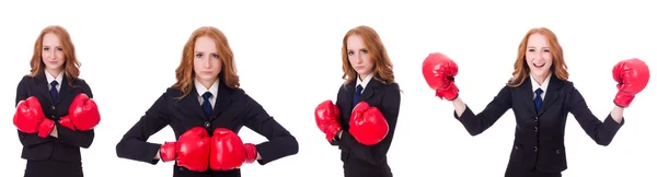 Коллаж женщины-предпринимателя в боксёрских перчатках на белом — стоковое фото