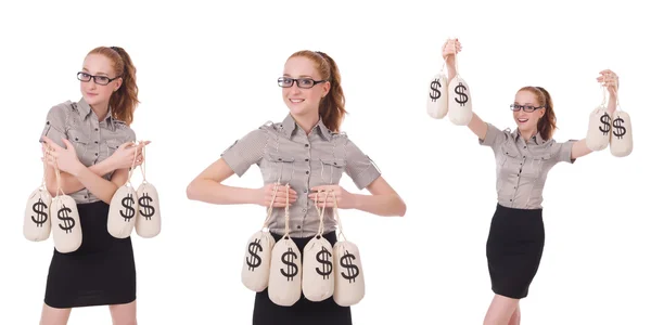 Collage of young businesswoman with money sacks on white — Stock Photo, Image