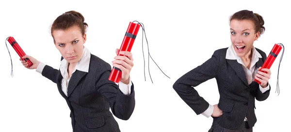 Woman businesswoman with dynamite stick isolated on white — Stock Photo, Image