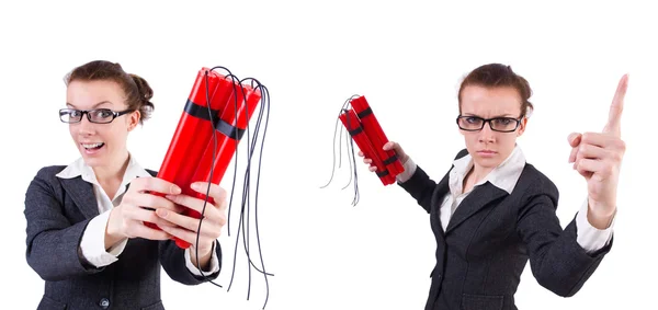 Woman businesswoman with dynamite stick isolated on white — Stock Photo, Image