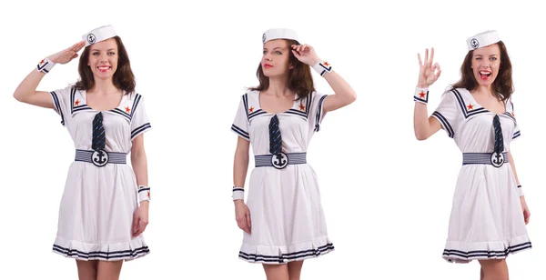 Vrouw dragen van sailor suit geïsoleerd op wit — Stockfoto