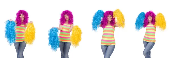 Woman with colourful wig isolated on white — Stock Photo, Image