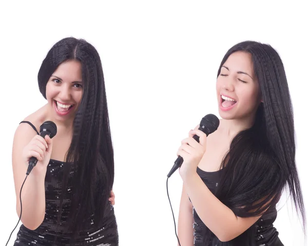 Woman singing in karaoke club in various poses on white — Stock Photo, Image