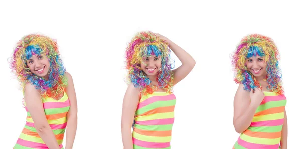 Woman with colourful wig isolated on white — Stock Photo, Image