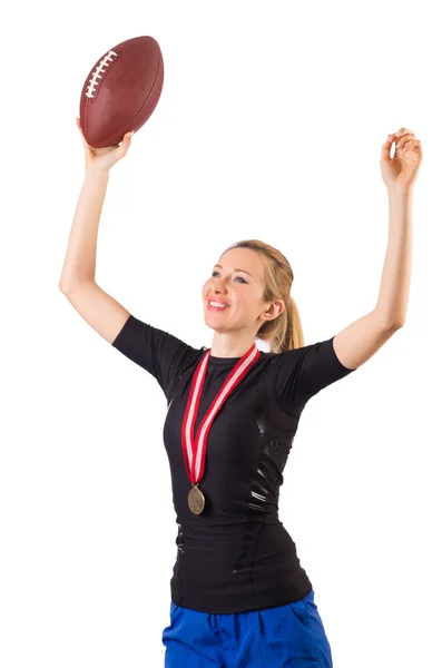 Woman with american football isolated on white — Stock Photo, Image