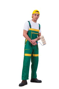 Genç tamirci ressam rulo üzerinde beyaz izole