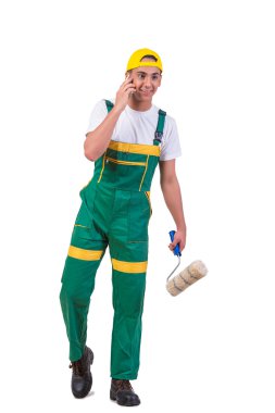 Genç ressam üstünde hareket eden telefon üzerinde beyaz izole konuşmak