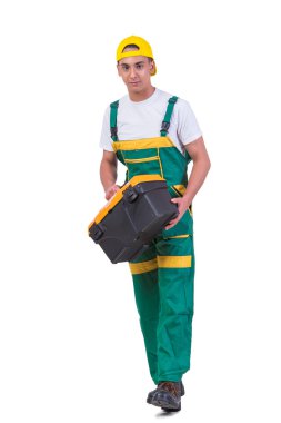 Beyaz izole toolkit toolbox ile genç adam