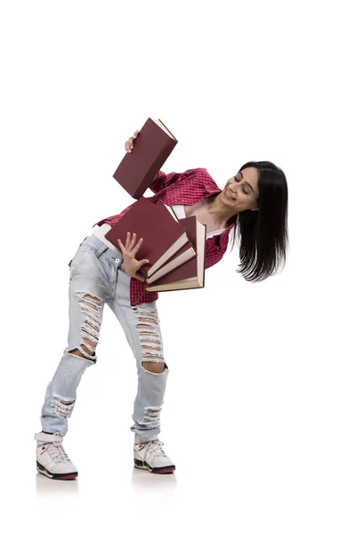 Mujer joven estudiante con libros aislados en blanco —  Fotos de Stock