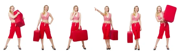 Travelling woman with suitcase isolated on white — Stock Photo, Image