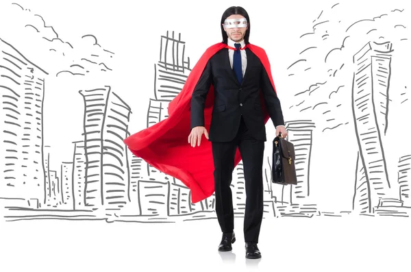 Uomo in copertina rossa con skyscapers sullo sfondo — Foto Stock