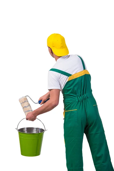 Young repairman painter with roller isolated on white — Stock Photo, Image