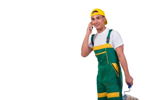 Genç ressam üstünde hareket eden telefon üzerinde beyaz izole konuşmak — Stok fotoğraf
