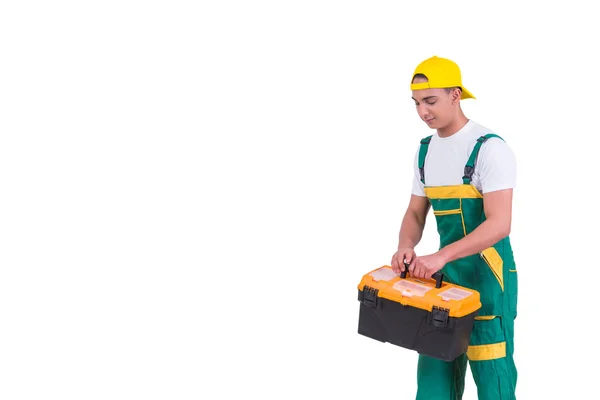 Beyaz izole toolkit toolbox ile genç adam — Stok fotoğraf