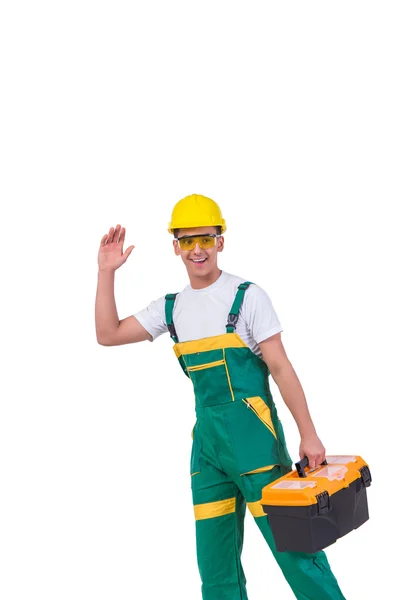 Jeune homme avec boîte à outils isolé sur blanc — Photo