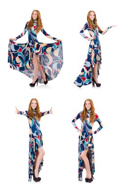 Beyaz elbiseli, mavi elbiseli çekici bir kadın.