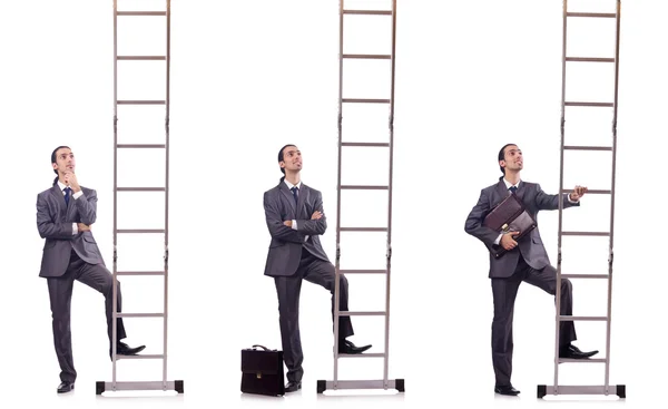 白地に隔離されたはしごを登るビジネスマン — ストック写真