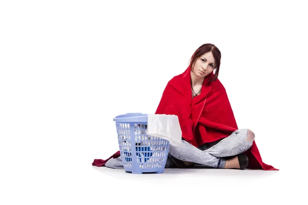 Žena unavená po prádlo izolovaných na bílém — Stock fotografie