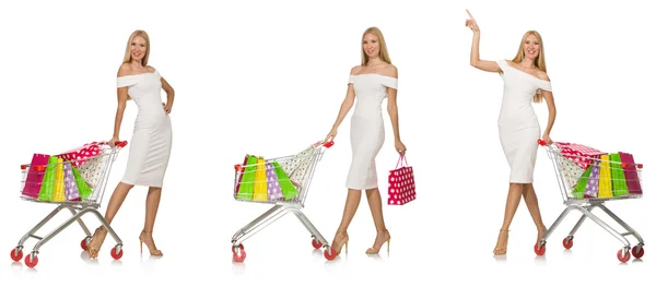 Mujer en concepto de compras aislado en blanco — Foto de Stock