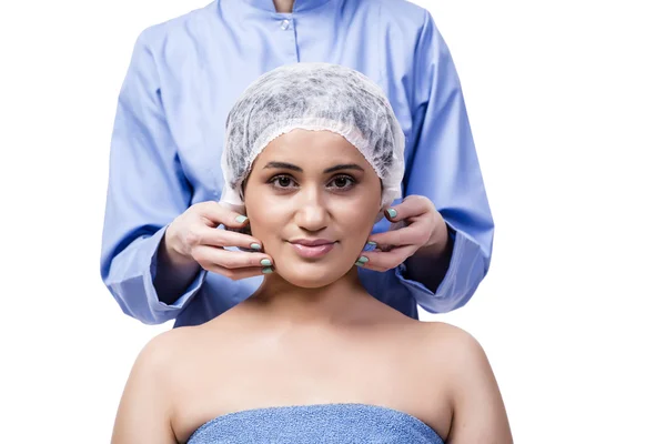 흰색 절연 하는 성형 수술을 위해 준비 하는 젊은 여자 — 스톡 사진