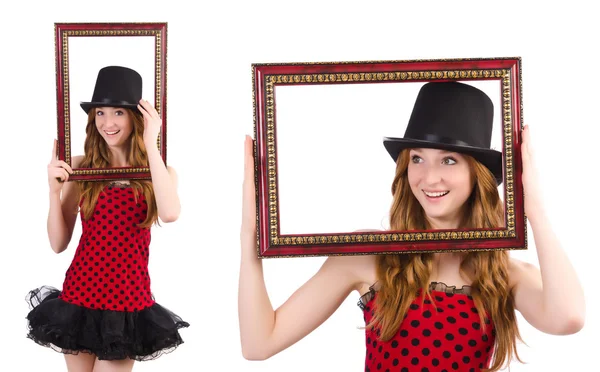 Mooi meisje in rode polka dot jurk met fotolijst isoleren — Stockfoto